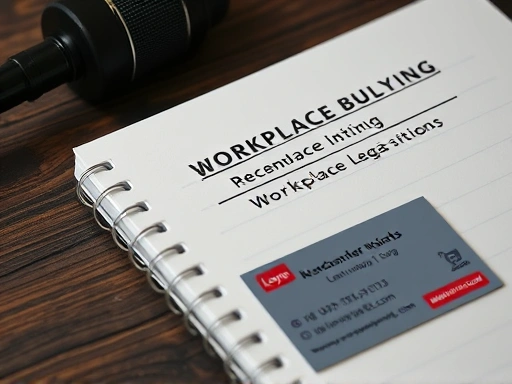 직장 내 괴롭힘 상황을 기록한 노트와 녹음기, 그리고 변호사 명함이 클로즈업된 이미지