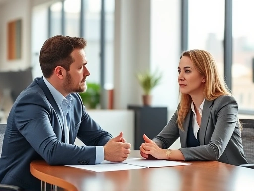 전문적인 사무실 배경에서 두 명의 직장 동료가 진지하면서도 희망찬 표정으로 테이블에 앉아 적극적으로 대화하고 문제를 해결하는 모습