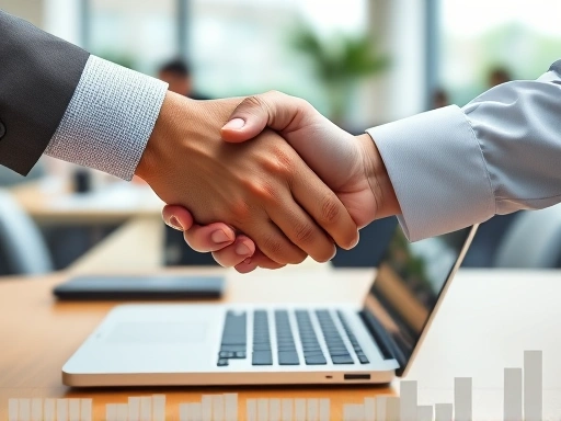 흐릿한 사무실 배경에서 두 손이 노트북 위에서 악수하거나 부드럽게 맞잡고 있는 클로즈업 사진, 갈등 해소와 합의를 상징하며, 새로운 협력을 암시하는 구체적인 묘사가 포함된 이미지