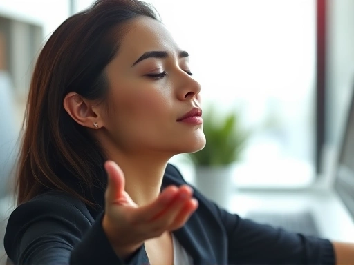 직장인이 차분한 표정으로 명상하거나 휴식을 취하며 스트레스를 관리하는 모습