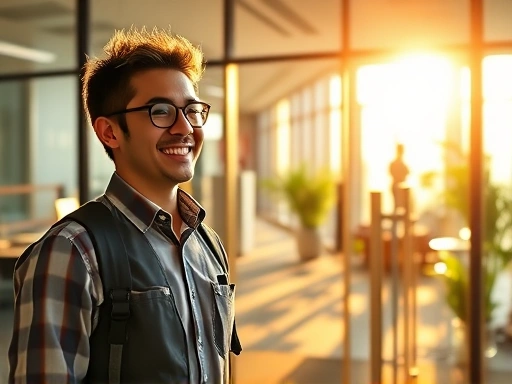 다시 출근하는 직장인이 밝게 웃으며 사무실로 들어서는 모습