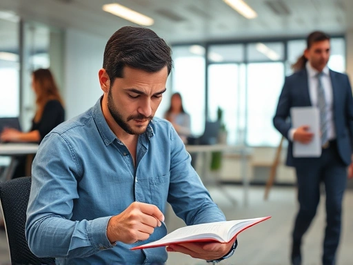 사무실에서 스트레스를 받고 있는 직장인이 차분하게 자신의 감정을 노트에 기록하는 모습