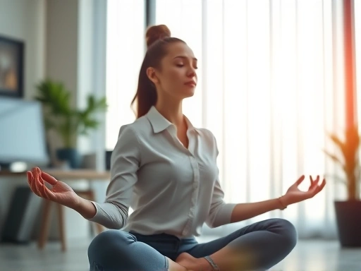 직장인 한 명이 퇴근 후 조용하고 평화로운 공간에서 명상하거나 요가하는 모습