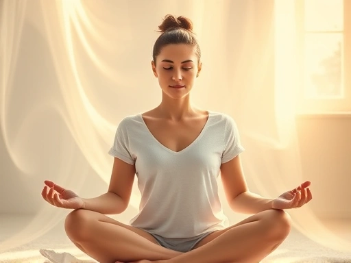 A person meditating calmly, surrounded by soft, flowing light, symbolizing inner peace and letting go of negative emotions like jealousy and envy.