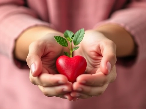 A person's hands gently nurturing a small plant or holding a heart, symbolizing self-compassion and building self-worth, with a focus on growth and positive personal development and overcoming envy.