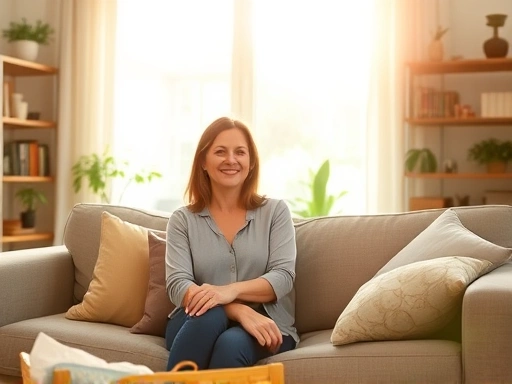 깔끔하게 정돈된 거실에서 한 여성이 편안하게 소파에 앉아 미소 짓고 있는 모습