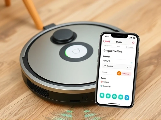 로봇 청소기가 바닥을 청소하고 있고, 그 옆으로 스마트폰 앱 화면에서 간단한 집안일 루틴이 설정된 모습