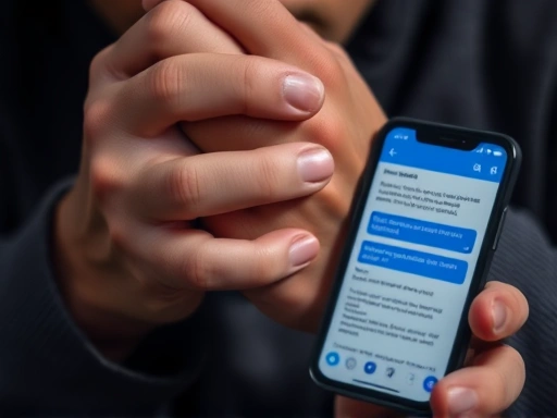 두 손으로 깍지 낀 채 고민하는 사람의 손 클로즈업, 옆에는 휴대전화 화면에 친구와의 대화창이 열려 있고, 스트레스와 고민이 담긴 메시지가 보입니다.