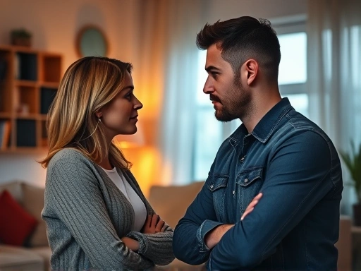 따뜻한 조명 아래서 서로 마주보고 진지하게 대화하는 커플의 모습