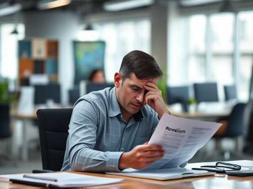 직장인이 책상에 앉아 퇴사 관련 서류를 들고 고민에 잠겨있는 모습