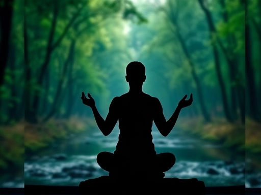 조용한 숲속에서 흐르는 개울물 소리나 빗소리를 배경으로, 명상하는 사람의 실루엣이 평화롭게 서 있는 모습