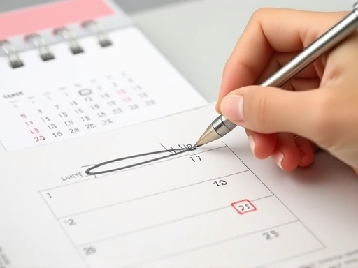 한 손이 달력 위에 펜으로 부드럽게 선명한 경계선을 긋는 클로즈업 장면. 개인적인 한계와 건강한 경계 설정을 상징하며, 차분하고 고요한 배경이 스트레스 관리와 자기 돌봄의 중요성을 강조합니다.