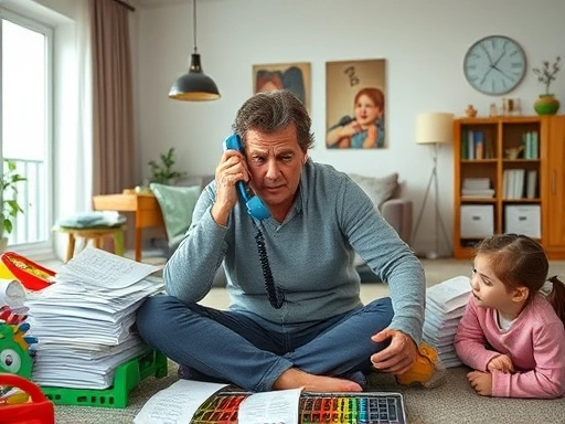한 부모가 학교 공지 더미와 계속 울리는 전화기, 아이들의 장난감에 둘러싸여 압도된 표정을 짓고 있는 모습. 현대적이고 약간 어수선한 거실에서 학부모 모임 스트레스와 과중한 업무, 육아의 현실을 묘사합니다.