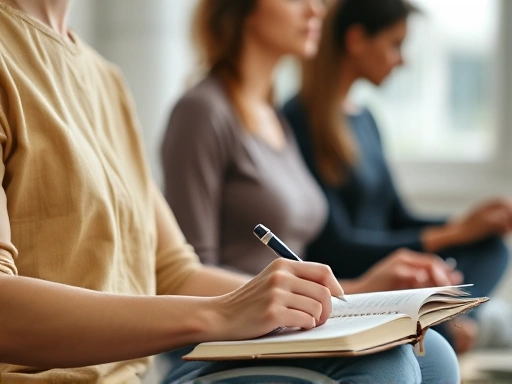 개인이 고요하게 앉아 명상하거나 차분하게 일기를 쓰고 있는 클로즈업 장면