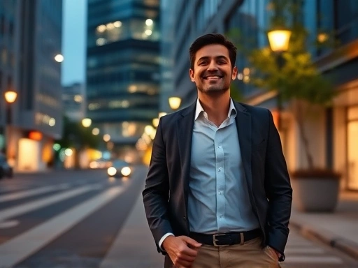 한 직장인이 회사 회식 후 편안하고 안도하는 표정으로 밤거리를 걷고 있으며, 배경에는 현대적인 오피스 빌딩이 흐릿하게 보인다.