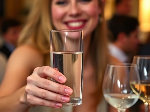 회식 자리에서 한 직장인이 술잔 대신 물잔을 들고 있으며, 상대방에게 예의 바르게 미소를 지으며 음주 강요를 거절하는 장면