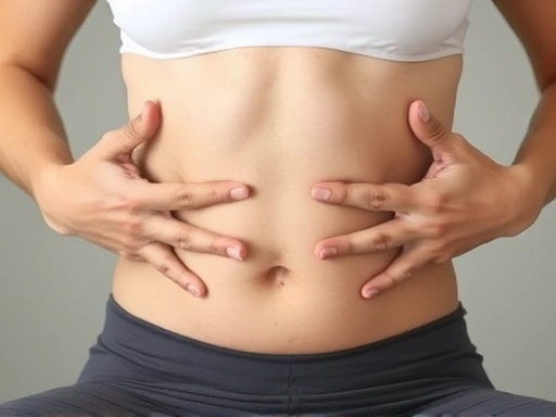 배 위에 손을 얹고 횡격막 호흡을 하는 사람의 손과 복부를 클로즈업하여 보여줍니다.