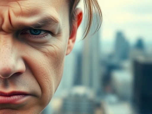 Close-up of a person's face showing a subtle expression of anger, with a blurred cityscape in the background, highlighting the challenge of controlling emotions in a stressful environment.