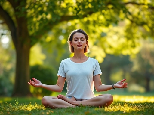 A person practicing mindfulness meditation outdoors, surrounded by calming nature, sunlight filtering through leaves.