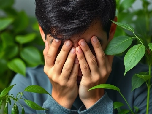 번아웃으로 지쳐 보이는 사람이 두 손으로 얼굴을 감싸고 심호흡을 하는 클로즈업 장면