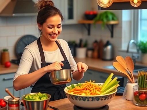 A person smiling while cooking a delicious meal in a cozy kitchen setting, focusing on stress relief.