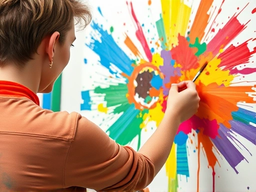 A person painting a colorful picture, expressing creativity and relieving stress with vibrant colors and brushstrokes.