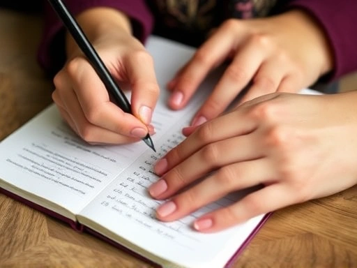 Close-up of hands writing in a gratitude journal, focusing on positive emotions and mindfulness to reduce stress.