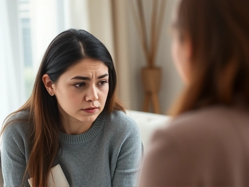 A woman experiencing sadness during a divorce, with a therapist offering support and guidance.