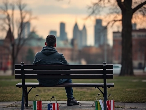 A person sits alone on a park bench, looking thoughtfully at a distant cityscape, representing the emotional distance and reflection after a breakup.