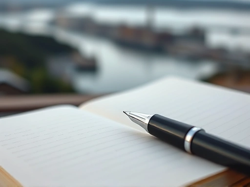 Close-up of a journal and pen, with blurry background scenery, symbolizing introspection and writing down thoughts to process emotions after a relationship ends.