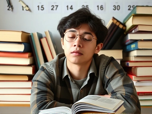 A stressed student surrounded by books, using mindful breathing to calm down before an exam, focus on calm expression.