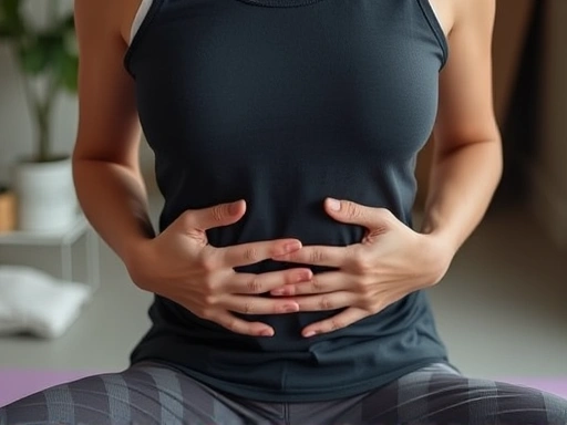A person practicing deep breathing exercises in a calm environment, hands gently placed on their stomach.