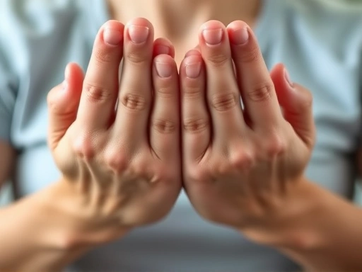 Close-up of hands demonstrating a progressive muscle relaxation technique, focusing on tension release.