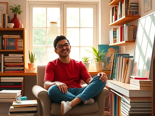 A vibrant extrovert finds peace and relaxation in a quiet, sunlit room filled with books and art supplies.