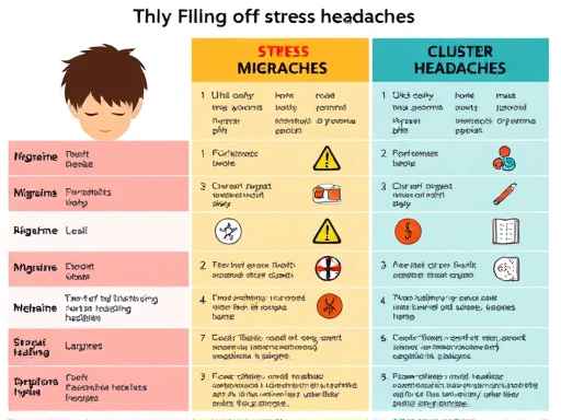 A detailed side-by-side comparison chart illustrating the key differences between stress headaches, migraines, and cluster headaches using distinct colors and icons for each symptom, focusing on clari...