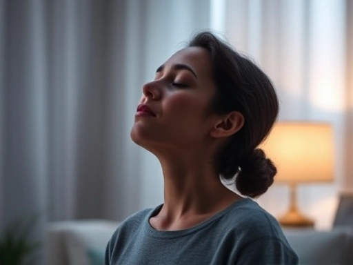 명상과 심호흡으로 심장 두근거림에 대처하는 평온한 순간, 부드러운 빛이 비치는 실내에서 눈을 감고 깊은 숨을 쉬는 사람의 모습