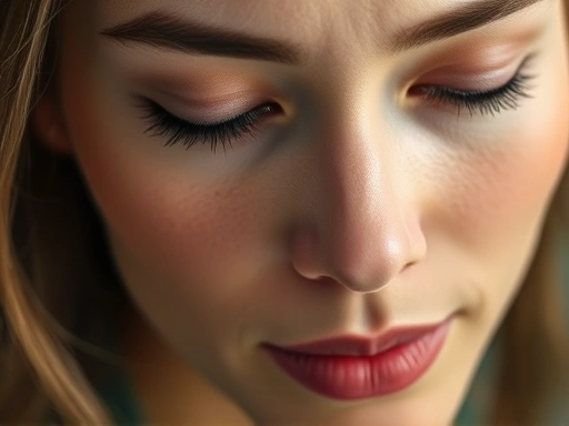 Detailed close-up of a calm, serene face, symbolizing HSP stress management with gentle lighting.