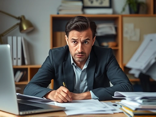 A person feeling overwhelmed and stressed at their desk while preparing for a job change, with scattered papers and a worried expression.
