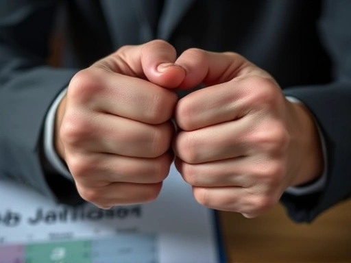 Close-up of hands gripping tightly, with a calendar and job applications blurred in the background, symbolizing stress during job search.