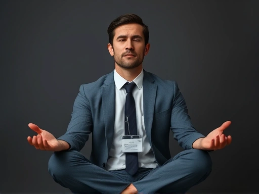 A stressed job seeker meditating to relieve tension with a calm expression.