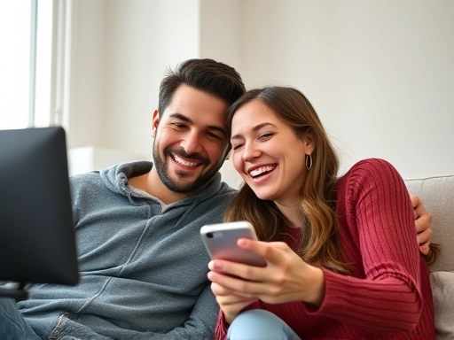 A couple video calling, smiling, and supporting each other during a long-distance relationship, showcasing emotional connection.