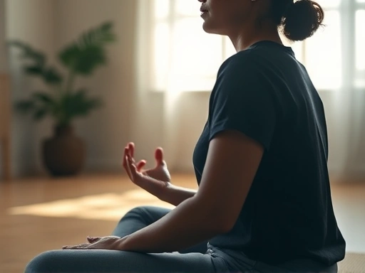 Close-up of a person meditating peacefully in a quiet room, soft natural light streaming through the window, fostering mindfulness