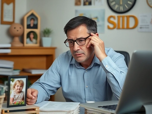 A middle-aged person looking stressed while working at a desk, surrounded by family photos and bills.