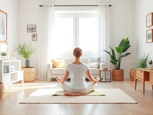 A brightly lit, clean, and minimalist living room with a person meditating peacefully on a cushion, surrounded by only essential, aesthetically pleasing items, emphasizing calm and spaciousness, illus...
