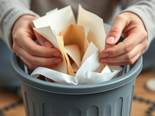 Close-up of hands decluttering old papers and discarding them into a recycling bin, showing a sense of relief and accomplishment, illustrating the practical action of reducing clutter and mental stres...