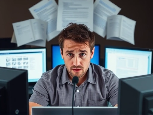 A person looking stressed while surrounded by multiple computer screens and documents, emphasizing the feeling of being overwhelmed by multitasking.