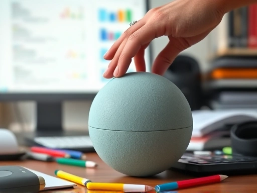 Close-up shot of a hand reaching for a stress ball on a cluttered desk, symbolizing stress relief from multitasking with blurred background computer screen.