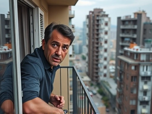 한 사람이 아파트 베란다에서 아래층을 불안하게 바라보며 심한 스트레스를 느끼는 모습