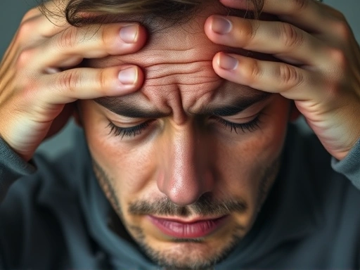 두 손으로 머리를 감싸 쥐고 눈을 감은 채 심한 이웃 갈등 스트레스로 고통받는 사람의 클로즈업, 불안과 절망감이 얼굴에 드러나고, 갈등 해결 의지.