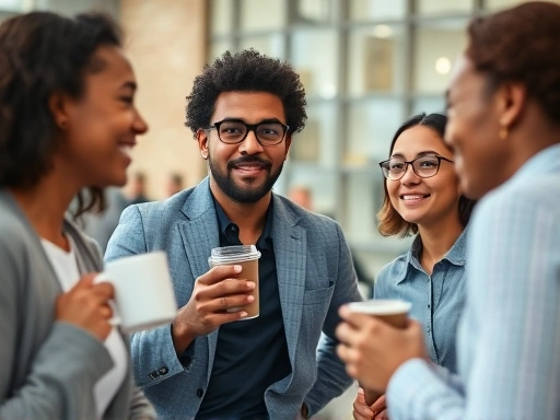 Close-up shot of diverse colleagues engaged in a friendly conversation during a coffee break at a new workplace, emphasizing inclusivity and teamwork.